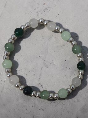 Beaded Green Jade & Silver Stretch Bracelet